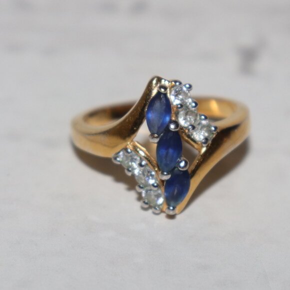 Vintage Jewelry - 💙 Vintage Gold-Tone Ring | Size 9.5 | Marquise Blue Sapphire & Clear Stones
